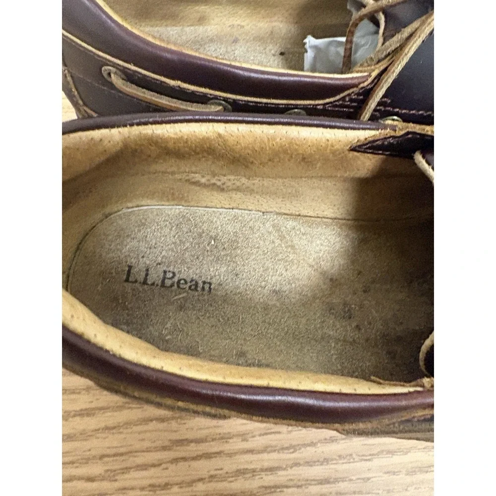LL Bean Moccasin Loafers Men 11 Brown Leather Hand Sewn Slippers Flannel Lined